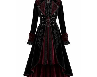 Black Velvet Gothic Frock Coat, Victorian Tailcoat, Burgundy Accents, Steampunk Jacket