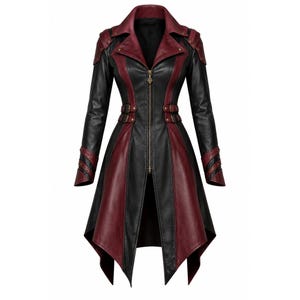 Women's Leather Trench Coat, Black Burgundy Gothic Steampunk Jacket, Corset Waist, Statement Outerwear