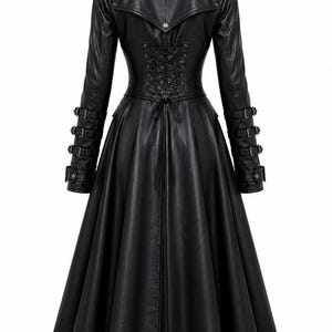 May include: A black long-sleeved coat featuring a high collar, a flared skirt, and a back corset-style lace-up closure. The sleeves are adorned with three horizontal buckled straps on each forearm, and the shoulders feature decorative epaulets.