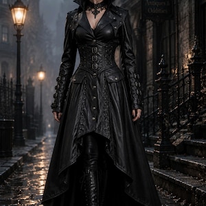 Black Faux Leather Gothic Trench Coat, Victorian Vampire Steampunk Corset Jacket image 4