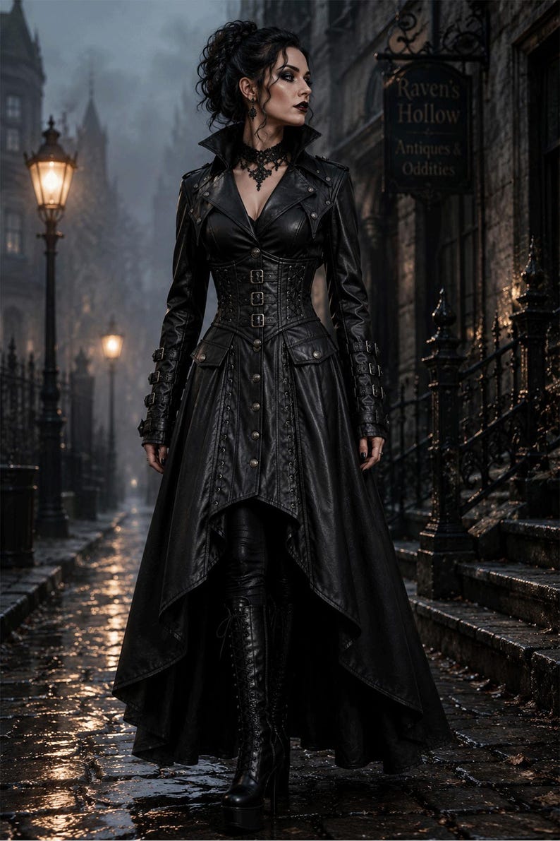 Black Faux Leather Gothic Trench Coat, Victorian Vampire Steampunk Corset Jacket image 4