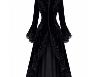 Black Velvet Victorian Gothic Coat, Embroidered Lace Trim, Halloween Vampire Fashion