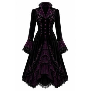Whimsigothic Velvet Gothic Coat, Romantic Victorian Tailcoat, Black Purple Embroidery Lace