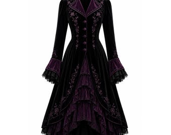 Whimsigothic Velvet Gothic Coat, Romantic Victorian Tailcoat, Black Purple Embroidery Lace