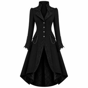 Dames zwarte gotische trenchcoat met Victoriaanse brokaat details, steampunk high-low jasje