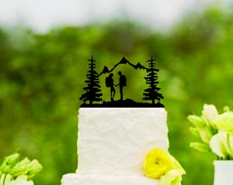 Wedding Cake Topper Couple Back Packing Hiking Mountains FREE Personalization Laser Cut