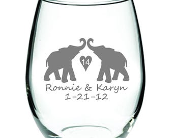 Elephant Couple Glass FREE Personalization 14th Ivory Anniversary, 14 in Heart