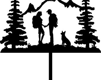 Wedding Cake Topper Couple Mountain Hikers Backpacking Hiking German Shepherd or Any Dog FREE Personalization Laser Cut