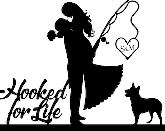 Wedding Cake Topper Couple Fishing Heeler Australian Cattle Dog  or ANY Dog FREE Personalization Laser Cut Hooked for Life