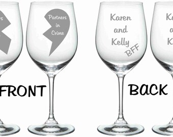 Etched Best Friend Glass Set of 2 Choose From Wine GLass, Stemless Wine, Pub, Pilsner, Beer Mug, Rocks Partner in Crime Personalized