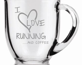 I Love Running and Coffee Coffee Mug Sand Carved (sand blasted, etched)