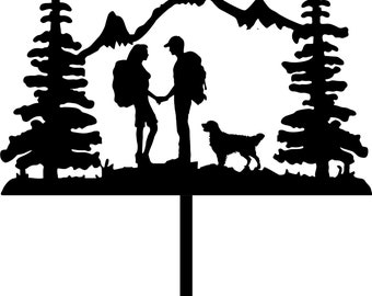 Wedding Cake Topper Couple Mountain Hikers Backpacking Hiking Golden Retriever or Any Dog  FREE Personalization Laser Cut