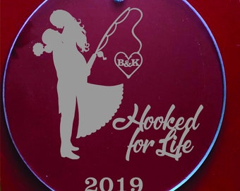 Hooked For Life Fishing Couple Wedding Anniversary Ornament FREE Personalization