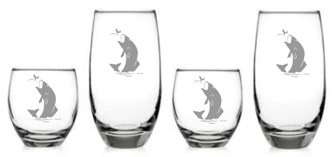 Fish Trout Glass Set of 8 Sand Carved etched Great for Any Fisherman or