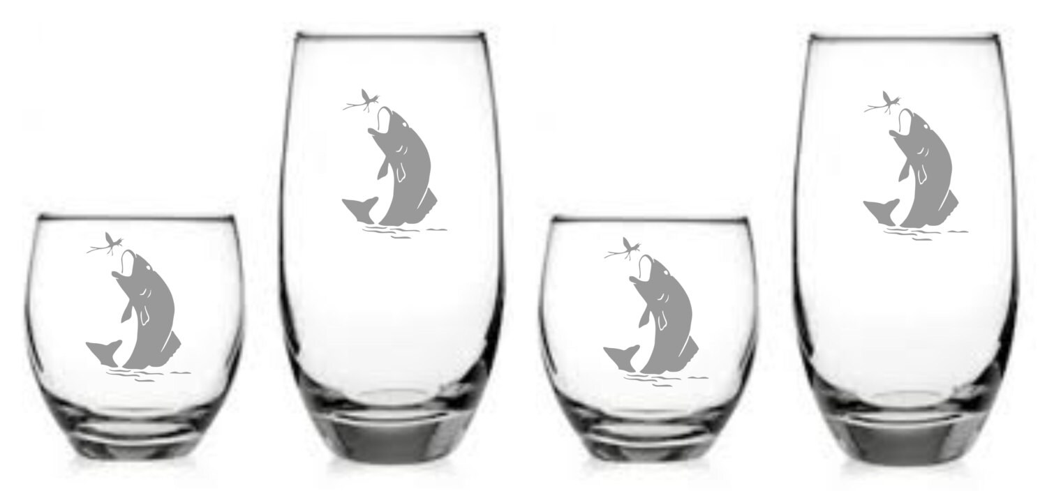 Fish Trout Glass Set of 8 Sand Carved etched Great for any Etsy