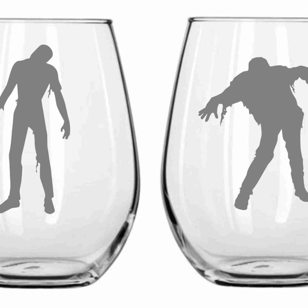 Zombie Glass Set of 2 Chose from Wine Glass, Pilsner, Beer Mug, Rocks, Pub Glass, Stemless WIne Sandcarved Personalized for FREE