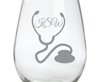 Monogrammed Etched Nurse Glass Personalized for FREE Choose from Stemless, Wine, Rocks, Pub, Beer, Coffee, Water