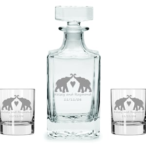 Elephant Couple Decanter Glass Set FREE Personalization 14th Anniversary Gift