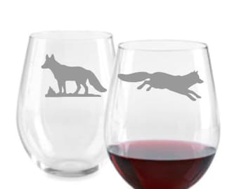 Fox  Glass Set of 2 Sand carved (sandblasted)  Choice of Pilsner, Beer, Pub, Wine, Coffee, Water Glass