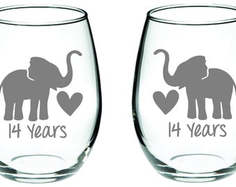 Elephant Couple Glass Ivory 14 Anniversary FREE Personalization up to four words