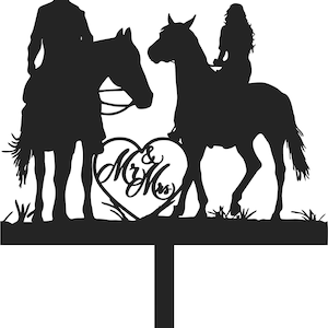 Wedding Cake Topper Couple Horses Cowgirl Cowboy  FREE Personalization Laser Cut