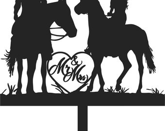 Wedding Cake Topper Couple Horses Cowgirl Cowboy  FREE Personalization Laser Cut