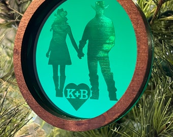 Western Couple Ornament FREE Personalization of Initials, Cowboy Cowgirl Christmas Gift