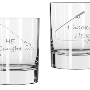 Fishing Couple Glass Set I Hooked Her, He Caught Me, Fishing Gift, Fishing Wedding, Fisherman Fishing Couple