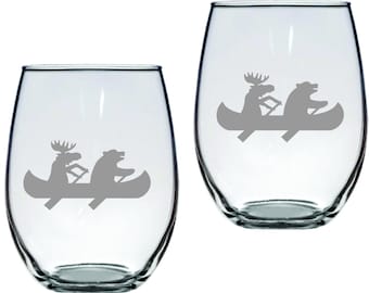 Moose and Bear in Canoe Glass FREE Personalization, Moose Bear Gift, Lodge Cabin Decor, Bear Moose Wine