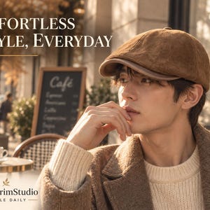 May include: A brown corduroy flat cap with a structured brim. The text "EFFORTLESS STYLE, EVERYDAY" appears in the upper left corner, and the logo "ChicBrimStudio STYLE DAILY" is positioned in the lower left corner of the image.
