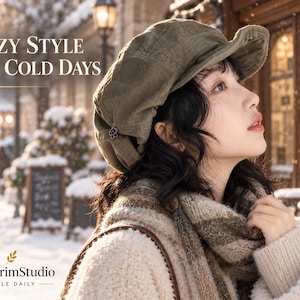 May include: An olive green newsboy cap featuring a small metallic flower-shaped accent on the side. The text "COZY STYLE FOR COLD DAYS" and "ChicBrimStudio STYLE DAILY" are visible in the image, alongside a textured beige scarf and sweater.