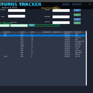 May include: A dark-themed digital Warehouse Returns Tracker Excel template interface. The layout features a header with the title, a data entry form with input fields, a search bar, and a table displaying tracking numbers, brands, and courier details.