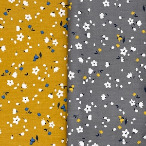 Floral Fabric, 100% Cotton Fabric, Floral Design, Grey & Mustard, flowers, Next Day Dispatch, By the Meter, floral print fabric