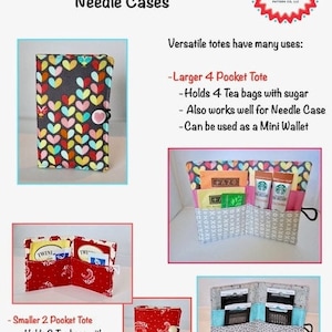 Puede incluir: Dos bolsas de viaje para té de diferentes tamaños con múltiples bolsillos. La bolsa más grande es gris con corazones coloridos y tiene capacidad para cuatro bolsitas de té. La bolsa más pequeña es roja con un patrón de cachemira y tiene capacidad para dos bolsitas de té. Ambas bolsas también se pueden usar como estuches para agujas.