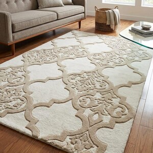 Made in India Cream Tan Moroccan Rug, Hand Tufted Wool, Quatrefoil Trellis Pattern, Living Room Transitional Area Rug