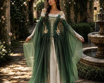 Medieval Corset Dress Bell Sleeves Dress Ren Faire Costume Sage Green Renaissance Dress Elven Fairycore Gown Fantasy Dress LARP Costume