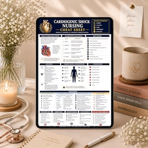 May include: A digital tablet displaying a Cardiogenic Shock Nursing Cheat Sheet with sections on classification, risk factors, assessment, clinical manifestations, and management. The screen features medical icons, text, and a human body diagram.