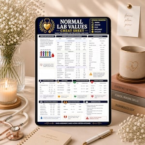 May include: A digital tablet displaying a Normal Lab Values Cheat Sheet with medical charts, tables, and icons. The screen features sections for hematology, chemistry, urinalysis, coagulation, lipid panels, thyroid, cardiac markers, and renal function.
