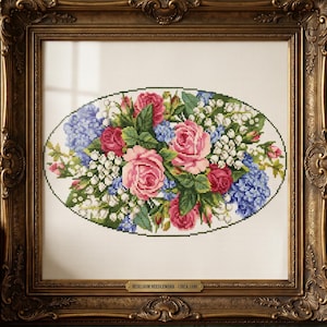 May include: A framed cross-stitch embroidery featuring an oval arrangement of pink roses, blue hydrangeas, and white lily of the valley flowers. The ornate gold frame includes a small plaque at the bottom with the text HEIRLOOM NEEDLEWORK - CIRCA 1890.