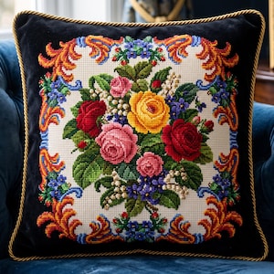 May include: A square throw pillow with a black velvet border and gold twisted cord trim. The center features a needlepoint floral bouquet of yellow, red, and pink roses with green leaves and blue accents, framed by an ornate orange scrollwork border.