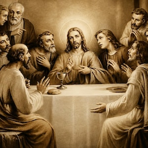 Puede incluir: Una representación artística en tono sepia de la Última Cena, con una figura central con halo sentada a una mesa con doce personas. La escena muestra pan y un cáliz sobre la mesa, con todas las figuras vistiendo túnicas de estilo clásico.
