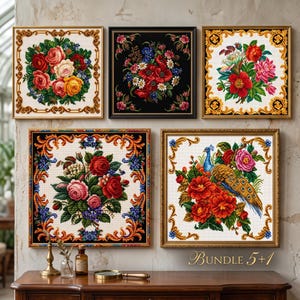 May include: Five square framed cross-stitch artworks featuring floral and peacock motifs with ornate gold and black borders. The designs include bouquets of roses, poppies, and a peacock among flowers. The text "BUNDLE 5+1" is visible below.