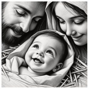 Pode incluir: Uma ilustração a preto e branco de um bebé sorridente embrulhado num pano, repousando sobre uma cama de palha. Uma pessoa com barba e uma pessoa com um lenço na cabeça estão de cada lado, olhando para o bebé com expressões suaves.