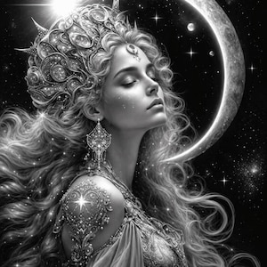 May include: A black and white digital illustration of a figure with long flowing hair wearing an ornate crown and intricate jewellery. The figure is positioned against a backdrop of a large crescent moon and a starry night sky with bright light.