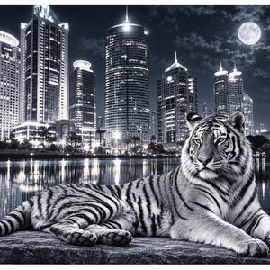 Puede incluir: Una impresión fotográfica en blanco y negro que muestra a un tigre descansando sobre una repisa rocosa en primer plano. El fondo presenta un horizonte urbano moderno con rascacielos iluminados reflejados en el agua bajo la luna llena.