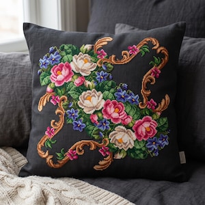 Berlin Woolwork Cross Stitch Pattern PDF, Romantic Floral Corners, Victorian Pillow Chart