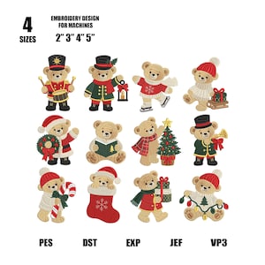 Könnte beinhalten: Zwölf Maschinenstickmotive mit Teddybären in weihnachtlicher Kleidung, darunter Bären mit Trommeln, Laternen, Schlittschuhen, Geschenken, Kränzen, Büchern, Bäumen, Trompeten, Zuckerstangen, Strümpfen und Lichtern. Text: 4 SIZES 2" 3" 4" 5" PES DST EXP JEF VP3.
