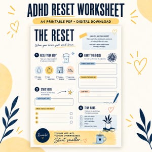 Könnte beinhalten: Ein ADHD Reset Arbeitsblatt als druckbares PDF mit weißem Hintergrund, dunkelblauem Text und gelben Akzenten. Das Dokument enthält vier Abschnitte: Reset Your Body, Empty The Noise, Start Here und Tiny Wins, mit Symbolen und Checkboxen.