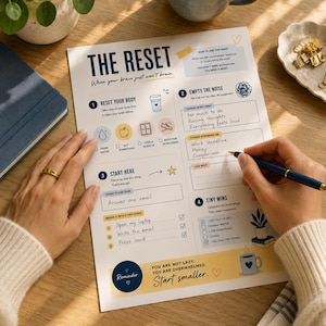 Può includere: Un foglio di lavoro in carta bianca intitolato THE RESET con sezioni per resettare il corpo, svuotare la mente, iniziare compiti e tracciare piccole vittorie. Il foglio presenta accenti blu e gialli, icone e testo scritto a mano.