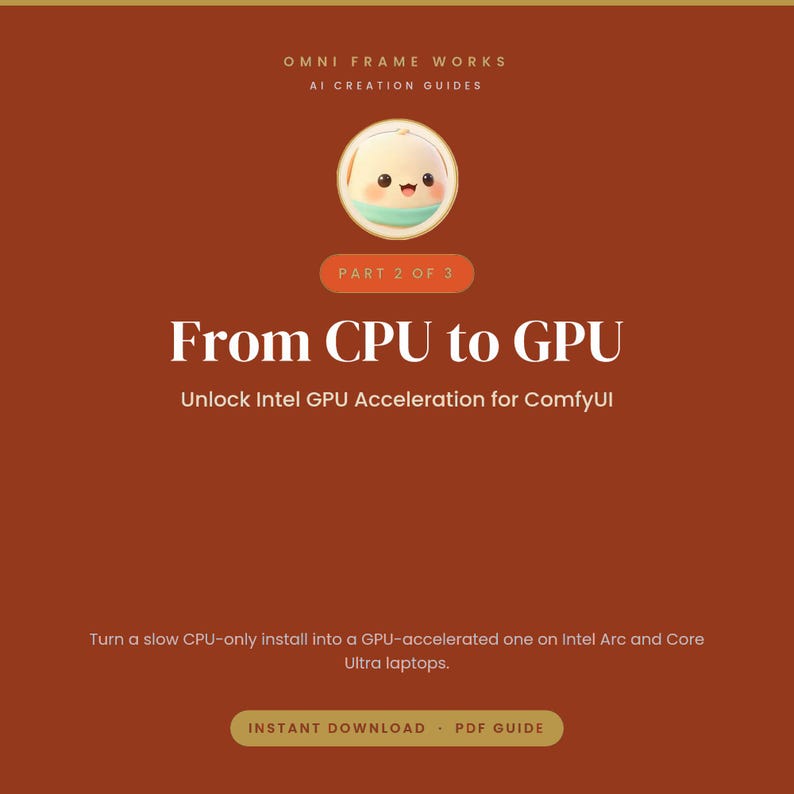 May include: A digital guide titled Omni Frame Works AI Creation Guides Part 2 of 3 From CPU to GPU Unlock Intel GPU Acceleration for ComfyUI. The rust-colored graphic features a small cartoon character icon and text about Intel Arc and Core Ultra.